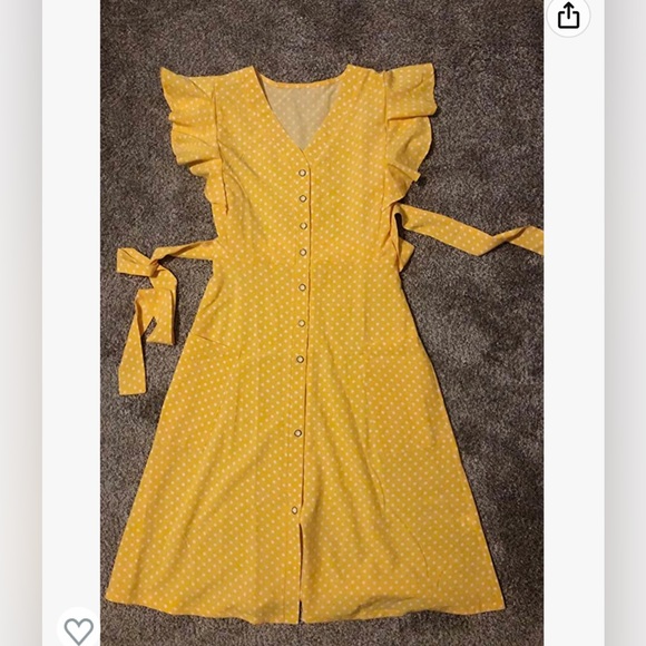 Yellow Polka Dot  Sleeveless V Neck Swing Midi Dress with Pockets M - Picture 2 of 4